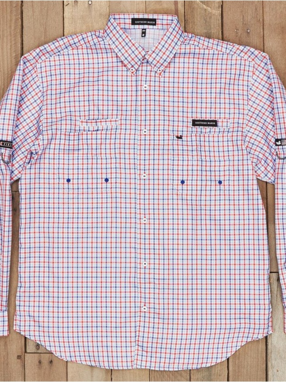 NWOT Southern Marsh Men's Red & Blue Plaid Button-Down Harbor Cay Fishing Shirt